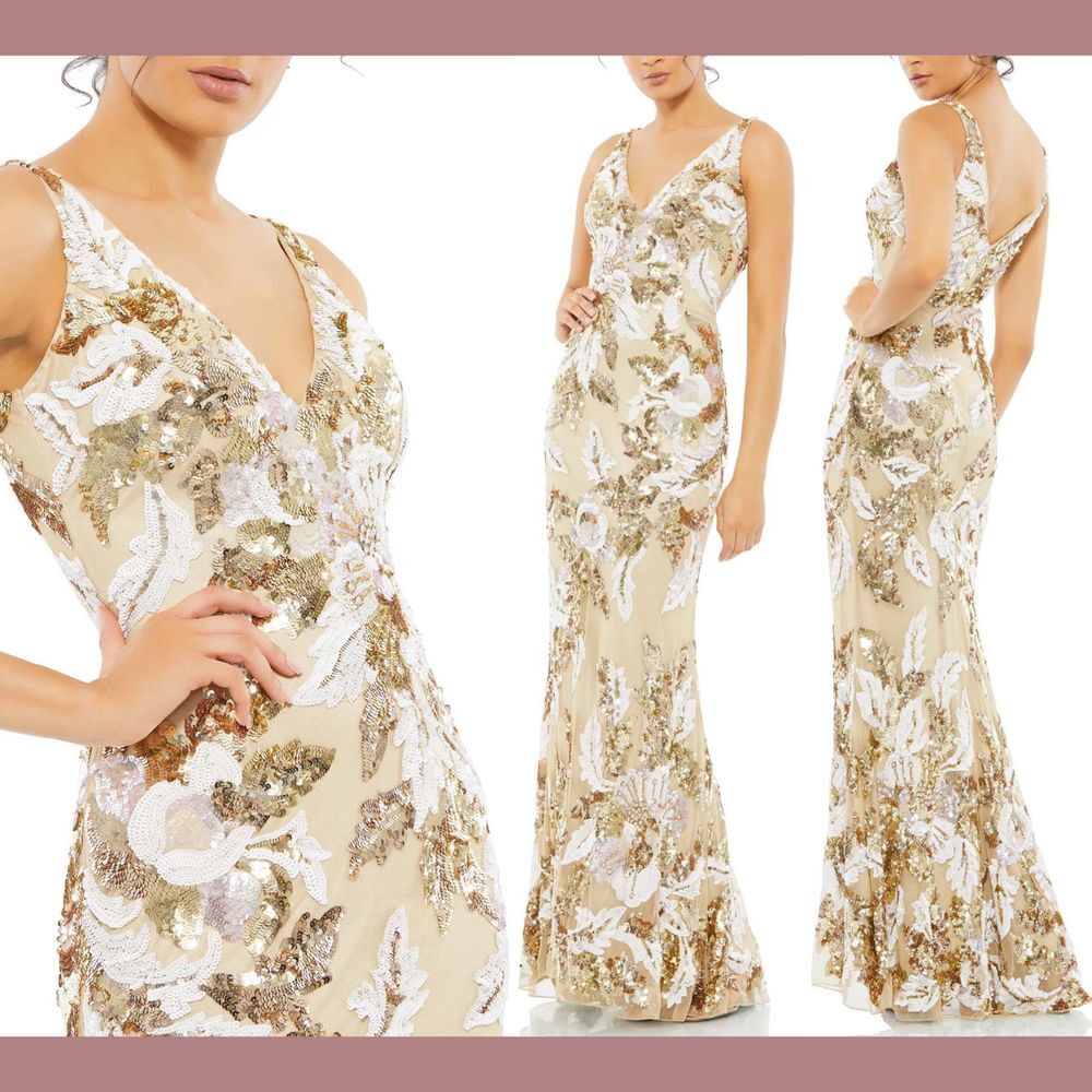 NWT $598 Mac‎ Duggal [ 0 ] V-Neck Sleeveless Floral Embellished  Sequin Gown J31